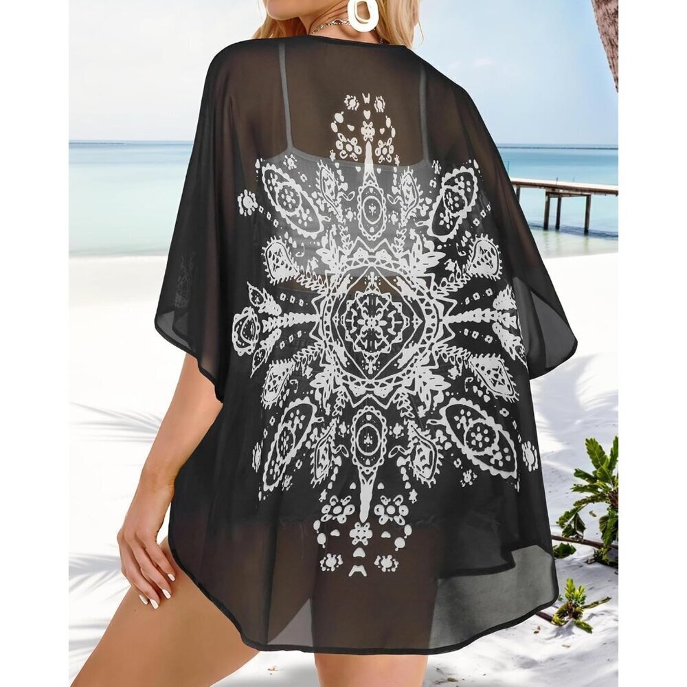 🆕Women Black Floral Kimono Cardigan Beach Cover-up Casual Jacket Polyester - Picture 5 of 6